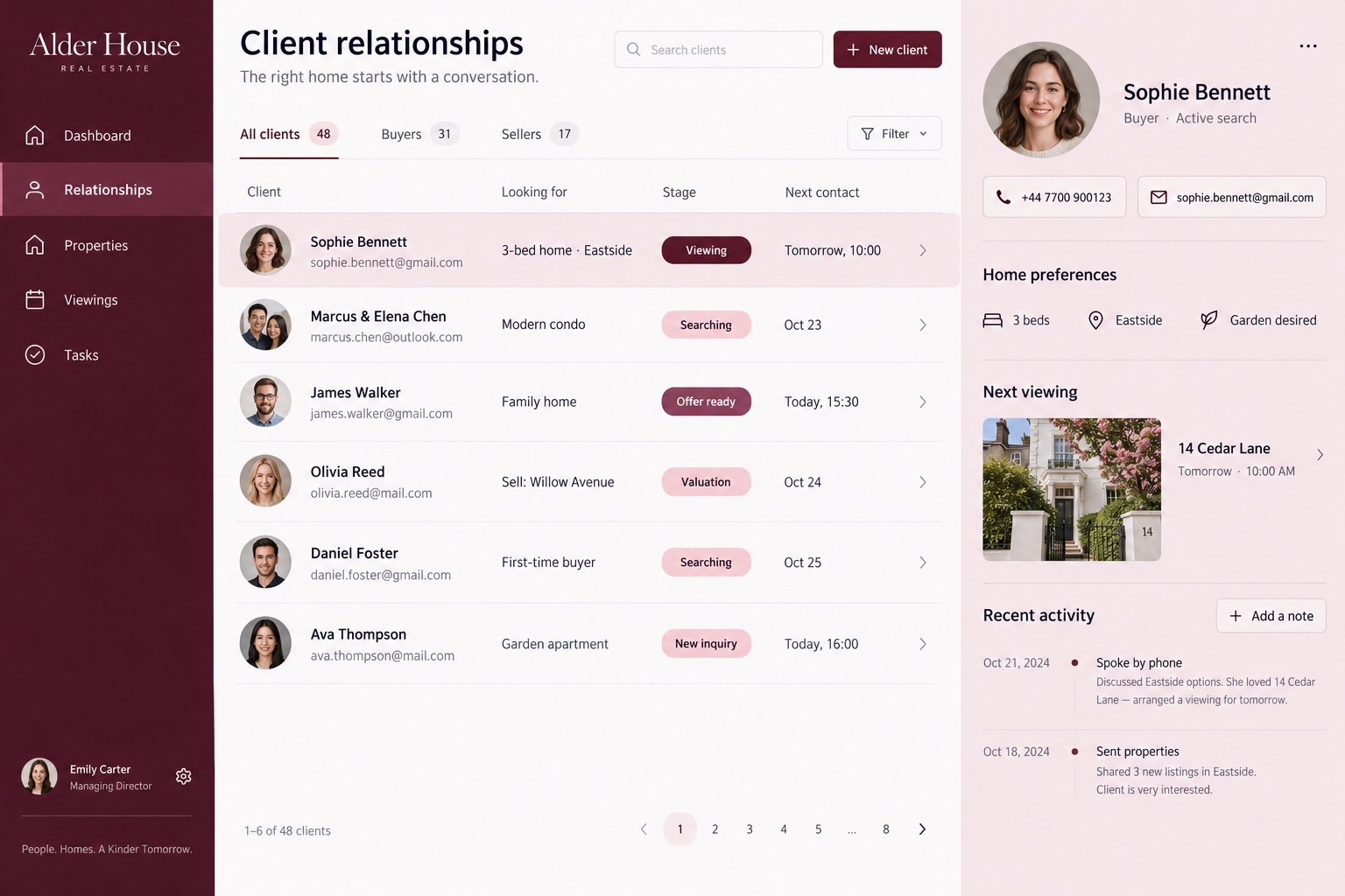 Illustrative Alder House real-estate CRM with client list and contact details